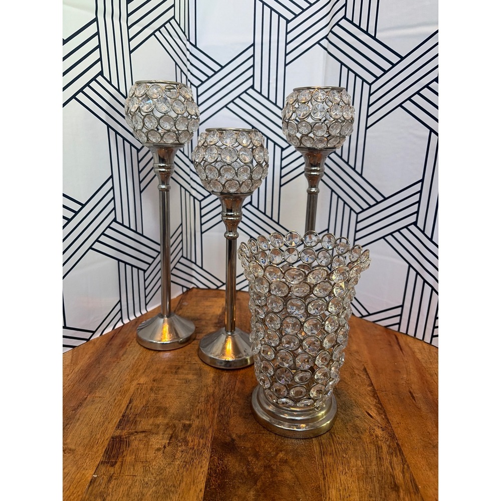 Silver Crystal Beaded Candle Holder Set of 3 & Matching Vase